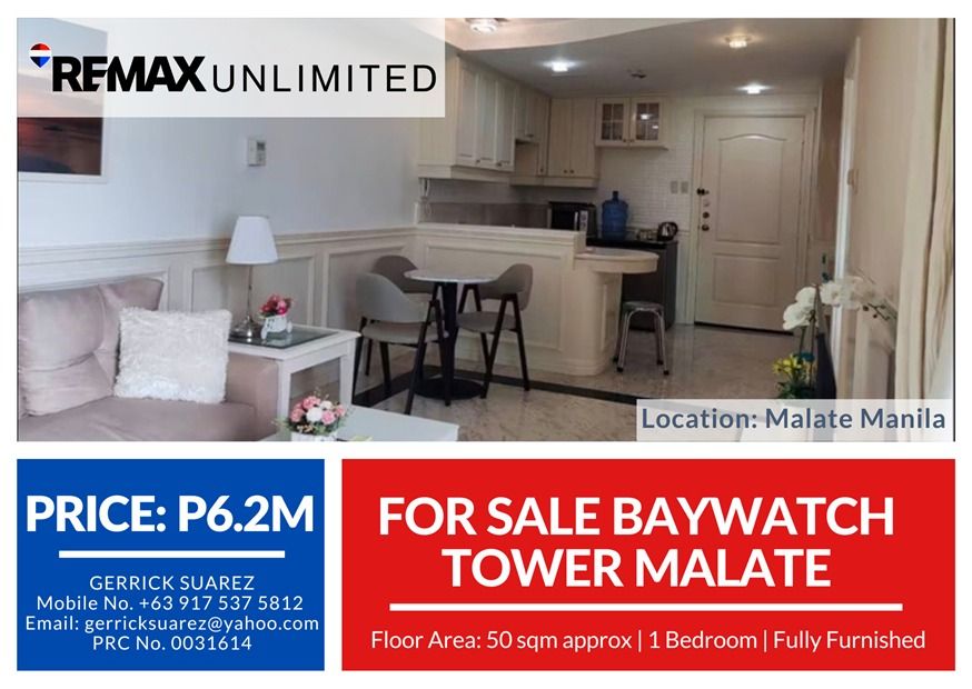 For Sale Baywatch Tower Malate (Category: Apartments & Condos) located in Makati City. Submitted by REMAXUNLIMITEDPH (Listing ID 1431229726, Image 1). Description: For Sale Baywatch Tower Malate 1 bedroom unit with balcony -50sqm -fully furnished -1 bathroom with bathtub Price 6.2 million Gerrick Suarez Remax Unlimited 0917 537 5812.