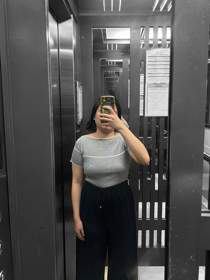Gray Top with White Stripe, Black Culotte (Category: Other Bottoms) located in Manila. Submitted by brownqueen65310 (Listing ID 1431237135, Image 1). Description: Buy my outfit! For comfy office wear or casual get up Top: Gray Top with White Stripe - Pre-loved item - Cool lightweight and stretchable fabric, short sleeve and wide neckline - Best for ladies with broad shoulders and beautiful neckline - Maybe for petite rin since I can’t seem to mak