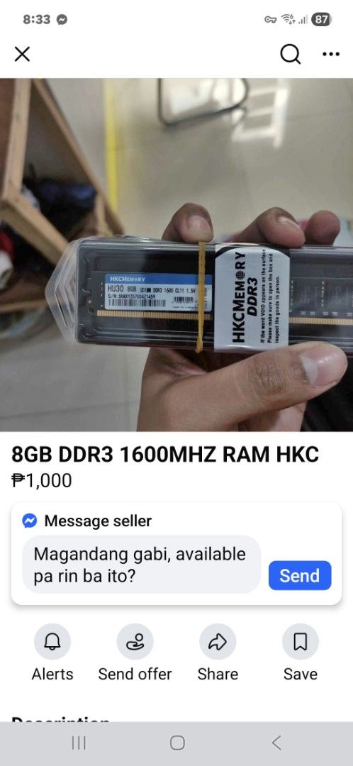HKC Memory 8GB DDR4 3200MHz RAM (Category: Computer Parts) located in Quezon City. Submitted by pogs.deleon (Listing ID 1431318346, Image 2). Description: RAM 8gb Brand: HKC DDR4 3200mhz Brandnew Loc. Quezon City Can do meet up ● SM north ● Trinoma ● Waltermat Mun̈oz ● 09276766399.