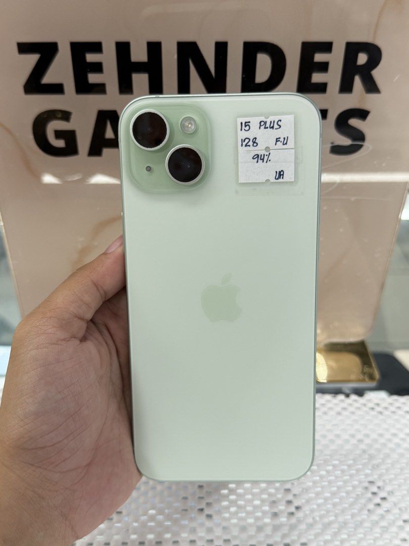 iPhone 15 PLUS 128GB OPENLINE (NTC APPROVED) (Category: iPhone 15 Series) located in San Juan City. Submitted by desireebayal96 (Listing ID 1431349468, Image 1). Description: iPhone 15 PLUS (GREEN) * NTC APPROVED * OPENLINE * ANY SIM * 94% BATTERY HEALTH (ORIGINAL NOT BOOSTED CAN CHECK 3UTOOLS) * 98% SMOOTH * NO ISSUE * NO HISTORY OF REPAIR * NOT REFURBISHED * FACE ID & TRUETONE WORKING * WITH CORD TYPE-C OPEN FOR COD SAME DAY DELIVERY PLUS SHIPP
