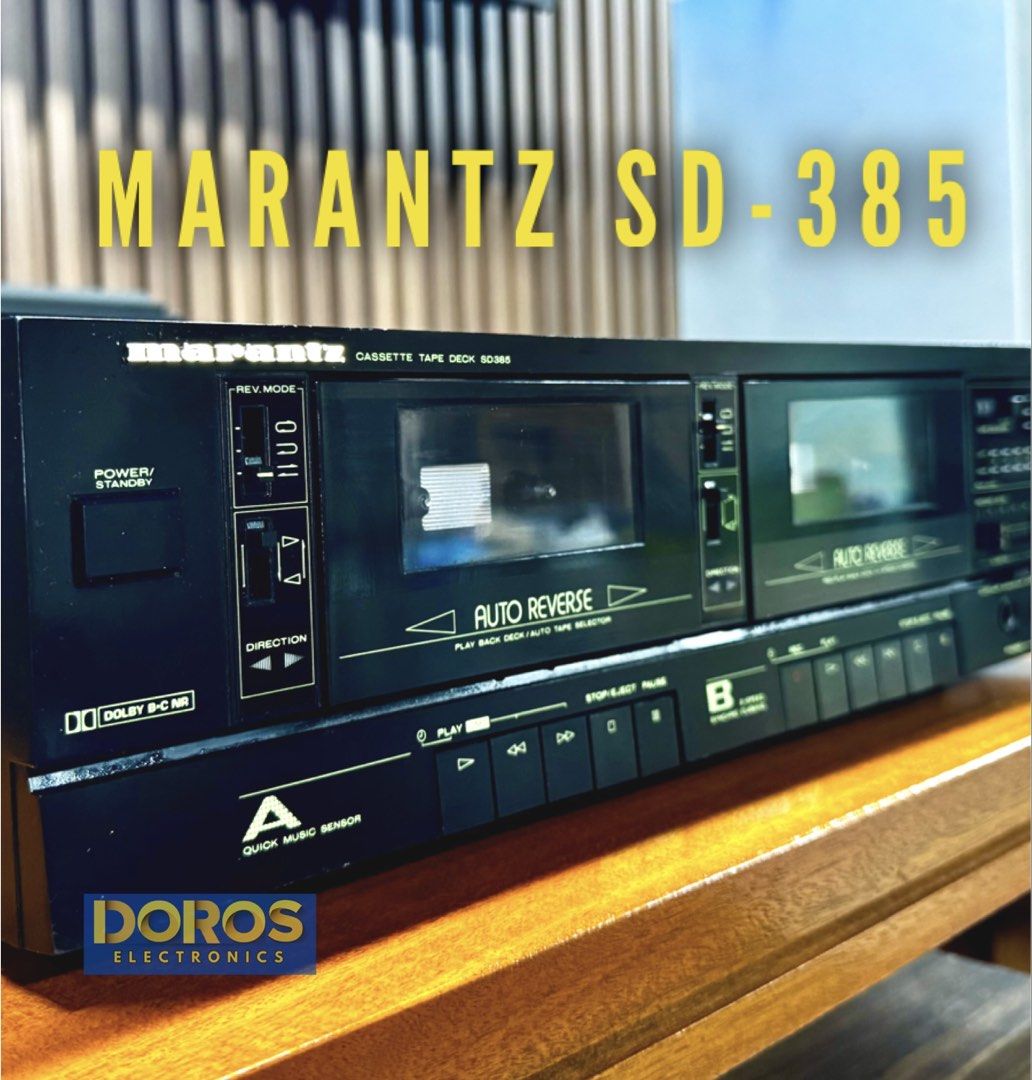 Marantz SD-385 Cassette Tape Deck (Category: Other Audio Equipment) located in Manila. Submitted by doroselectronics (Listing ID 1431228548, Image 3). Description: - Marantz SD-385 Cassette Deck - Auto-reverse function - Dolby B-C Noise Reduction - Quick Music Sensor - Tape counter - Recording level controls - Headphone jack - Dual tape slots (A and B) - Sleek black design - Japan 100V Doros Electronics 112 caimito rd brgy 80 Caloocan City Near U