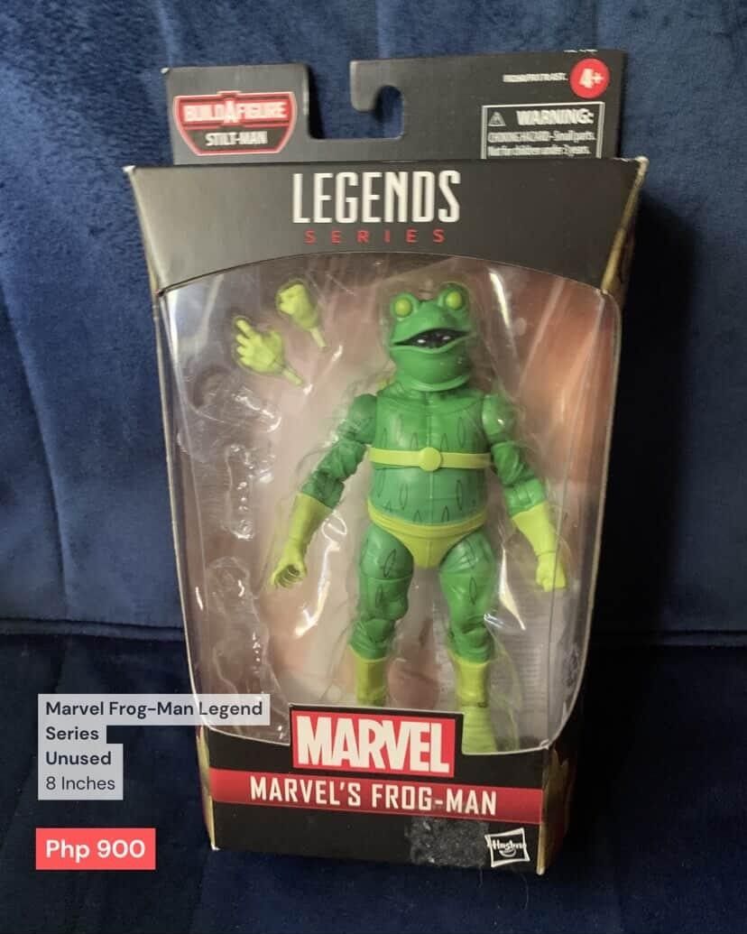 Marvel Figures (Category: Figurines & Statues) located in Quezon City. Submitted by rcf28 (Listing ID 1431222429, Image 1). Description: Marvel Legends Frogman, Unused MISB: 900 PHP Loose Marvel Figures Captain America: 200 PHP Spider-man Set: 250 Php each, 600 Php for Set Located: Batasan QC MOP: Gcash/Bank Transfer.