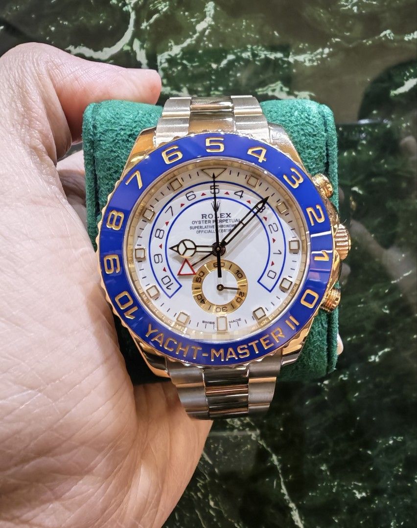 Mercedes hands Oct 2018 Rolex Yachtmaster 44 full yellow gold white dial 116688 (Category: Watches) located in Singapore. Submitted by hengwatch (Listing ID 1431316055, Image 1). Description: Rolex Yachtmaster 44 full yellow gold white dial model 116688 very mint condition new model dial and Mercedes hands comes with box and cert dated Oct 2018 with white tag with matching serial number selling for $51800 hsbc and standard chartered and dbs and u
