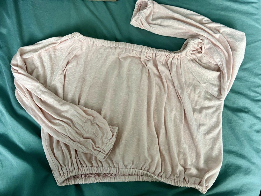 Off-Shoulder Pink Top, High-Waisted Jeans (Category: Jeans) located in Manila. Submitted by brownqueen65310 (Listing ID 1431236245, Image 2). Description: Buy my outfit! Perfect for summer dates casual wear Top: Off-Shoulder Pink Top - Pre-loved item - Cool and lightweight fabric, long sleeved - Best for ladies with fatty and broad shoulders Bottom: High Waist Denim - Pre-loved item - For smaller waistline (30cm) - Has a flaw; sewn bottom .