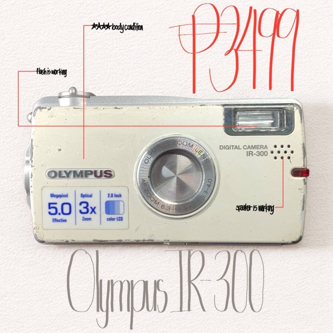Olympus IR 300 Rare Cam (Category: Cameras) located in Quezon City. Submitted by _cyberplug (Listing ID 1431267696, Image 1). Description: Olympus IR-300 P3499 ★★★★ Body Condition Issue -lcd burn •5.0 Megapixels CCD sensor • 3× optical zoom lens • Contrast-detect autofocus for simple point-and-shoot operation • Auto red-eye correction & built-in flash modes • Multiple shooting modes including automatic exposure & scene selections • 2.0″ LCD scree