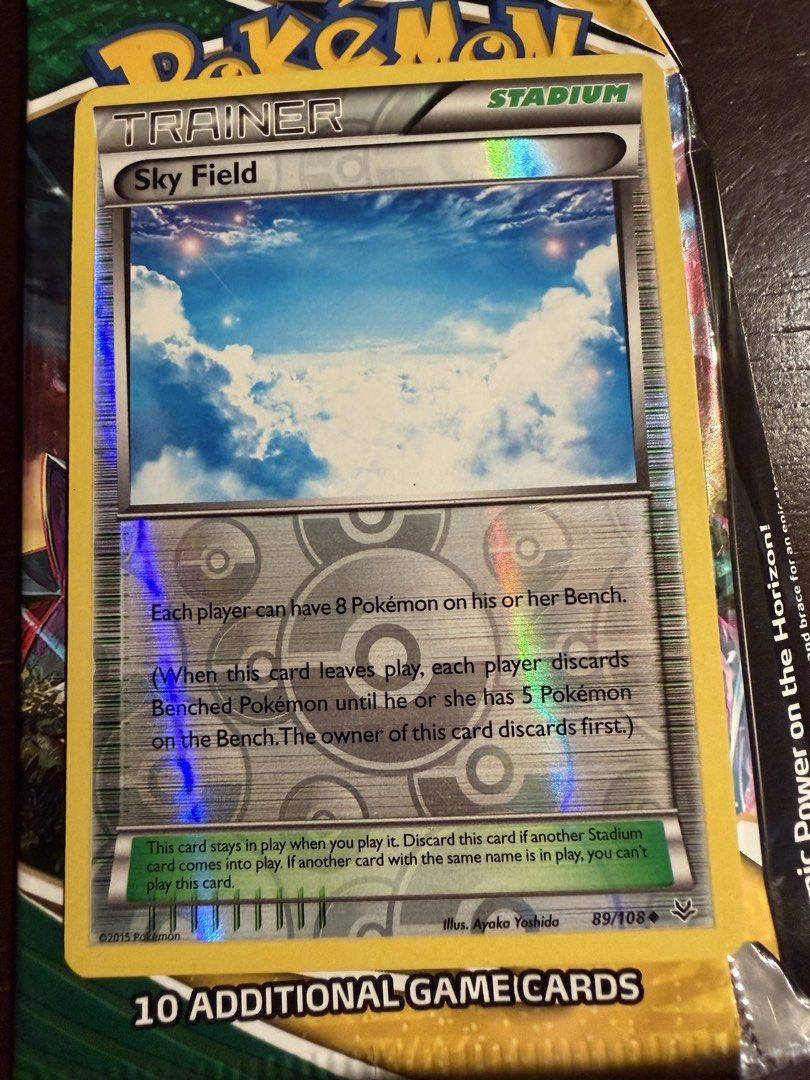 Pokemon Sky Field Trainer Card 89/108 (Category: Raw Singles) located in Las Pinas. Submitted by johnsantos10 (Listing ID 1431330273, Image 1). Description: - Sky Field Trainer card (89/108) - Allows each player to have 8 Pokémon on their Bench. - When this card leaves play: - Each player discards Benched Pokémon until they have 5. - Stadium card. Discarded when another Stadium card is played..