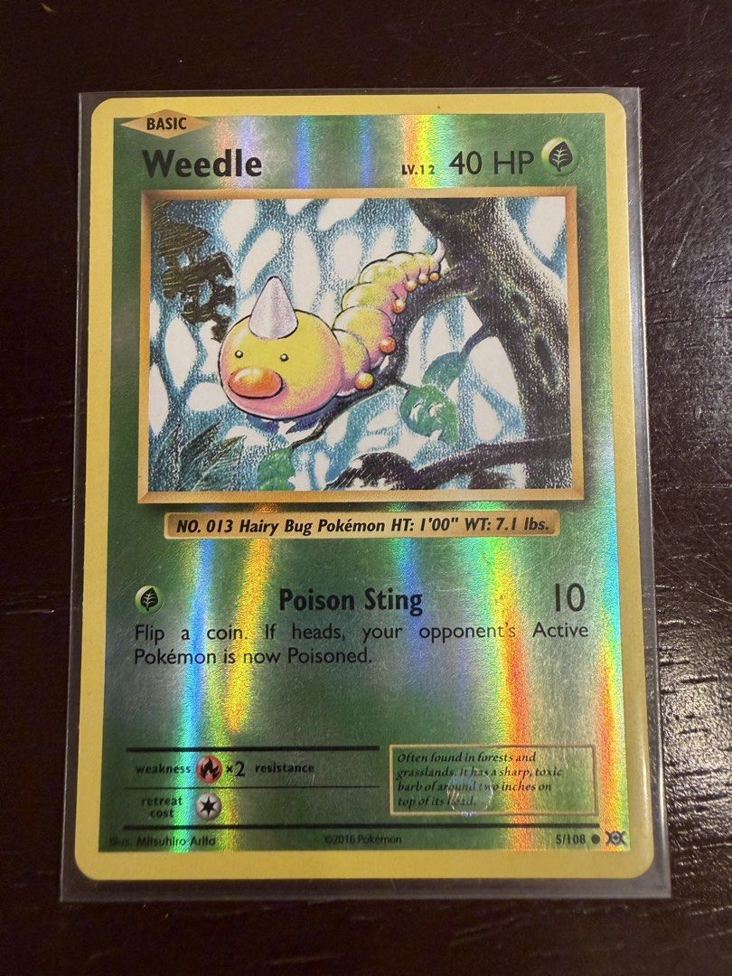 Pokemon TCG Weedle 5/108 (Category: Raw Singles) located in Las Pinas. Submitted by johnsantos10 (Listing ID 1431331283, Image 1). Description: - Pokemon TCG Weedle Card - From the 2016 set - 40 HP - Poison Sting attack - Card Number: 5/108 - Weakness: Fire - Features the Hairy Bug Pokemon.