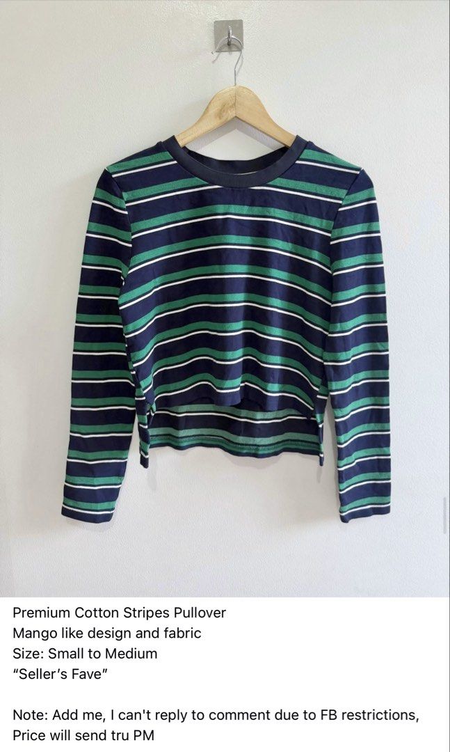 Premium Cotton Stripes Pullover - Small to Medium (Category: Longsleeves) located in Paranaque City. Submitted by closetcoph (Listing ID 1431294513, Image 1). Description: - Premium cotton pullover - Stylish striped design (green, navy, white) - Mango-inspired style and fabric - Sizes: Small to Medium - "Seller's Fave" - Price via PM.