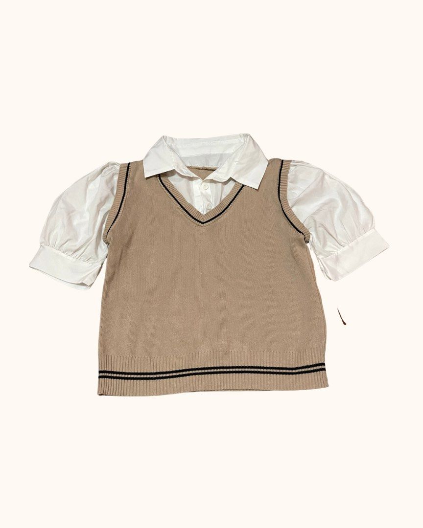 Preppy Style Sweater Vest with Blouse (Category: Blouses) located in Manila. Submitted by qweriri (Listing ID 1431288211, Image 1). Description: - Beige sweater vest with V-neck and black stripes - White blouse with short, puffy sleeves - Creates a stylish look - Versatile: dress up or down.
