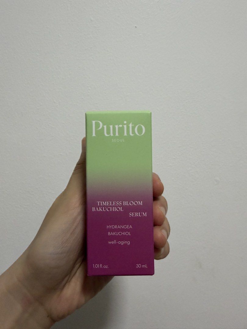 Purito Timeless Bloom Bakuchiol Serum (Category: Face Care) located in Pasig City. Submitted by thriftbenefit (Listing ID 1431365789, Image 1). Description: - Purito Timeless Bloom Bakuchiol Serum - Volume: 30 ml / 1.01 fl. oz - Key Ingredients: Hydrangea & Bakuchiol - Benefits: Well-aging - Vegan - Expiry Date: 2027.07.10 - Made in Korea Sealed box. With Authenticity QR that you can check through PURITO website. RFS: I bought two for myself pero