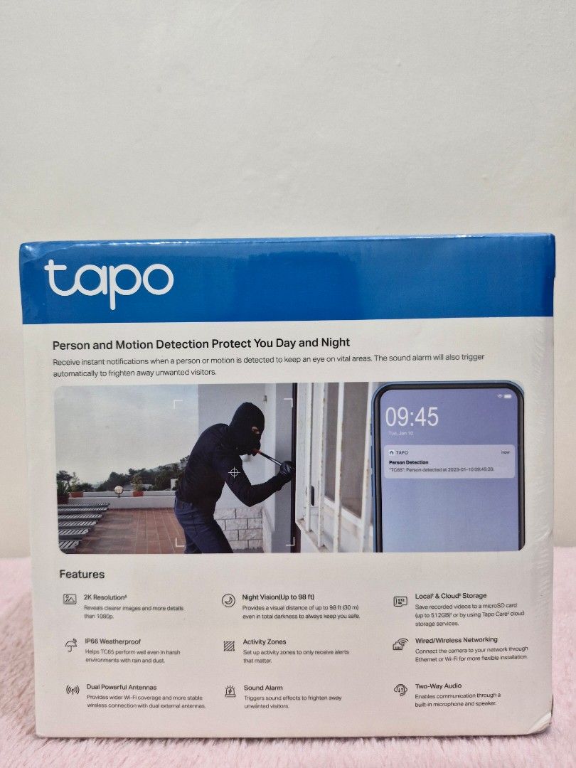 Tapo Outdoor Security Wi-Fi Camera TC65 (Category: Cameras) located in Paranaque City. Submitted by chercami (Listing ID 1431253431, Image 2). Description: TAPO WIFI CCTV TC65 + 64gb sd card Brand new & sealed Can be used indoor or outdoor Can be viewed & managed via Tapo app Rfs: owner no longer needs it Pick up from caretaker: Imus, Cavite Delivery via lalamove after payment. No cod, but can consider payment upon pick up by buyer or lalamove (b