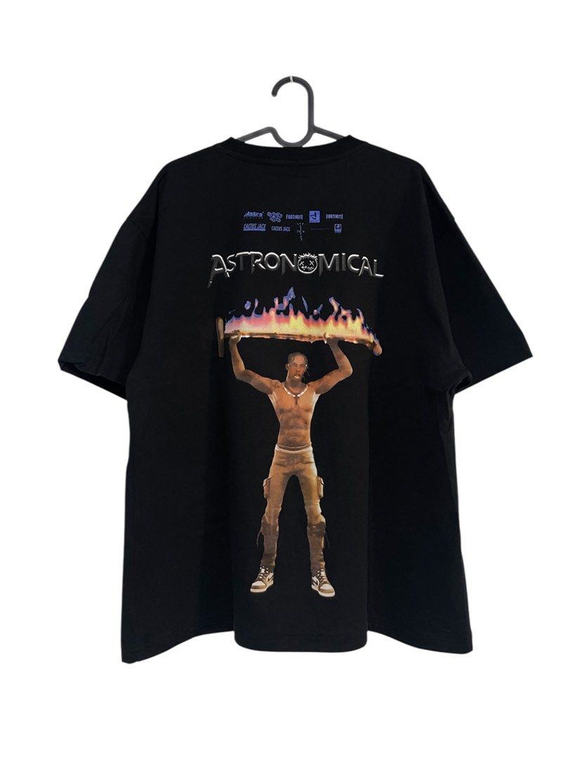 Travis Scott Astronomical Cactus Jack T-shirt (Category: Tshirts & Polo Shirts ) located in Manila. Submitted by commonselection (Listing ID 1431184546, Image 1). Description: Travis Astronomical Cropped boxy Large 27 x 22 Issue: Hairline cracks on Flame. Please see last photo. Thank you.