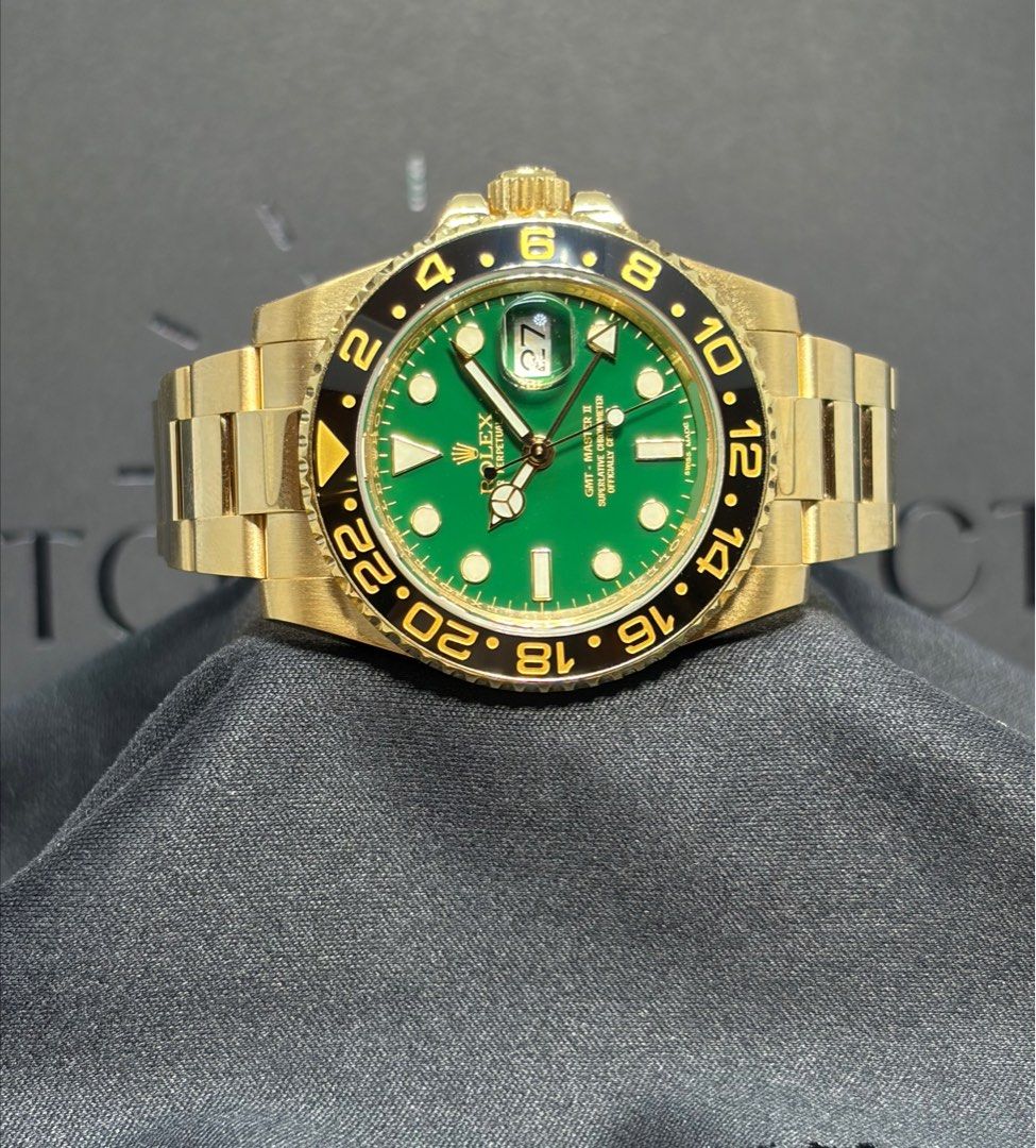 🔥2015🔥 Rolex 116718ln Jade Green GMT Master II Blue Lume Full Gold 40mm (Category: Watches) located in Singapore. Submitted by watchconnect (Listing ID 1431520968, Image 1). Description: 🔥2015🔥 Rolex 116718ln Jade Green GMT Master II Blue Lume Full Gold 40mm 🔥🔥Shop Based🔥🔥 Price: 💰💰 - Full Set W/ Serial Tag, Green Tag, Box, Manual, Booklets, Warranty Card (2015) Join us for exclusive early access & updates on our latest arrivals. Tele-g