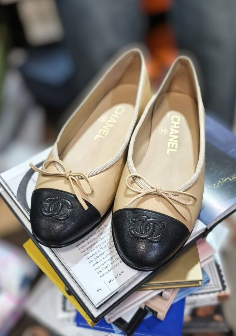 Authentic Chanel Ballet Two Tone Ballet Flats (Category: Flats & Sandals) located in Itogon. Submitted by designerluxeshop (Listing ID 1431526605, Image 1). Description: pre-owned Chanel two tone ballet flats with document of authenticity and box size 39, 💯% original, in good condition, shipping is free, message me if interested, delivery is by schedule discount is offered for cash buyer layaway is accepted 20% downpayment 80% balance payable up