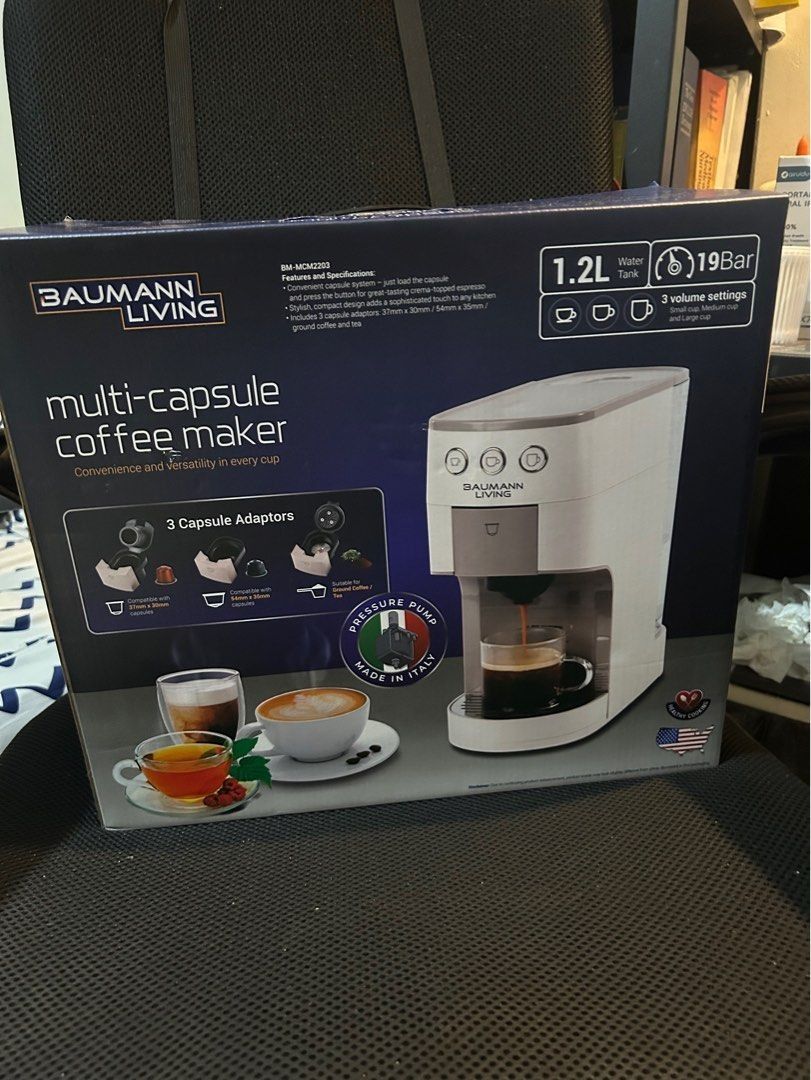 Baumann Living Multi-Capsule Coffee Maker (Category: Coffee Machines & Makers) located in Manila. Submitted by leighb1201 (Listing ID 1431391696, Image 1). Description: - Baumann Living Multi-Capsule Coffee Maker - 1.2L Water Tank - 19 Bar Pressure Pump - 3 Volume Settings - Includes 3 Capsule Adaptors - Compatible with Nespresso, Dolce Gusto, and Ground Coffee - Made in Italy.