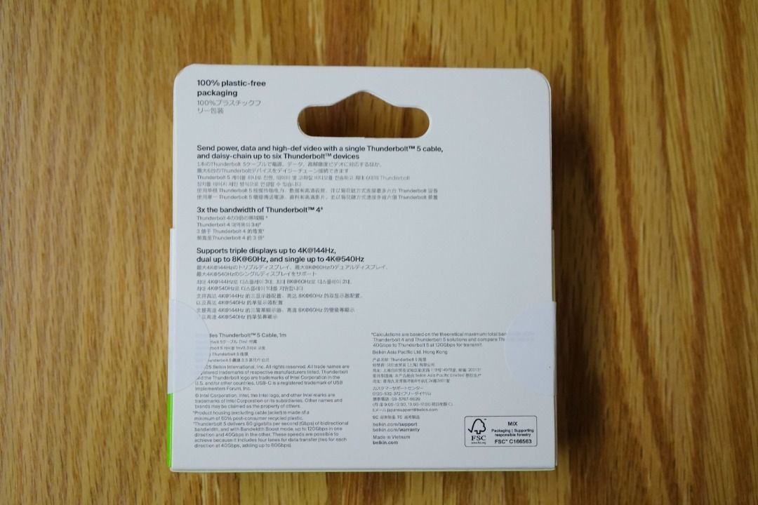 Belkin Connect Thunderbolt 5 Cable 數據線 (240W / 80Gbps / 1M) （分類：電腦線、轉接線及轉換器）位於 Hong Kong。 由 wingka12 提交（商品編號 1431551548，圖片 2）。簡介： 全新未用過，冇單，冇保養。 Belkin Connect Thunderbolt 5 數據線，支援高達 240W 的電源傳輸和 2000Gbps 的頻寬。 3.3 英尺長度，可傳輸數據、音頻和視頻。 支援三重顯示器，最高可達 8K@60Hz 或 5K@240Hz。 採用 100% 無塑料包裝。。