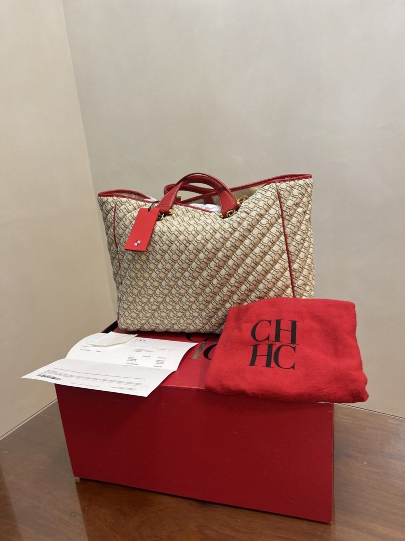 CH Carolina Herrera Monogram Quilted Tote Bag (Category: Luxury Bags & Wallets) located in Muntinlupa City. Submitted by saiki__ (Listing ID 1431545501, Image 3). Description: NEGOTIABLE - Authentic CH Carolina Herrera tote bag purchased in Greenbelt 5 - Beige and red color scheme - Features signature brand pattern - Includes dust bag, box, and tag - Red handles and trim - Gold-colored hardware - Unused condition - With Receipt - Shipping shoulde