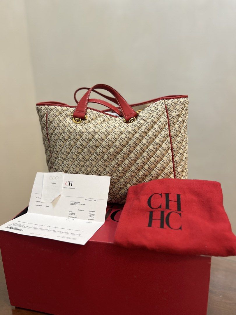 CH Carolina Herrera Monogram Quilted Tote Bag (Category: Luxury Bags & Wallets) located in Muntinlupa City. Submitted by saiki__ (Listing ID 1431545501, Image 1). Description: NEGOTIABLE - Authentic CH Carolina Herrera tote bag purchased in Greenbelt 5 - Beige and red color scheme - Features signature brand pattern - Includes dust bag, box, and tag - Red handles and trim - Gold-colored hardware - Unused condition - With Receipt - Shipping shoulde