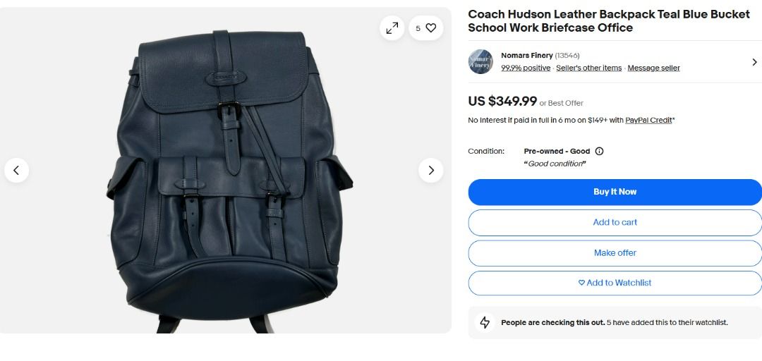 Coach Hudson Backpack (Leather, Original) Teal Blue (Category: Luxury Bags & Wallets) located in Caloocan City. Submitted by pure.supremo1101 (Listing ID 1431466449, Image 2). Description: Wantusawa check, balik mo pag may isang damage. Videocall okay Cash or Bank Transfer PLEASE OFFER, para mabilis po. I'm selling rush for medical expenses & emergency funds also. Unit & pricetag only (wala ng box & receipt) Quezon City.