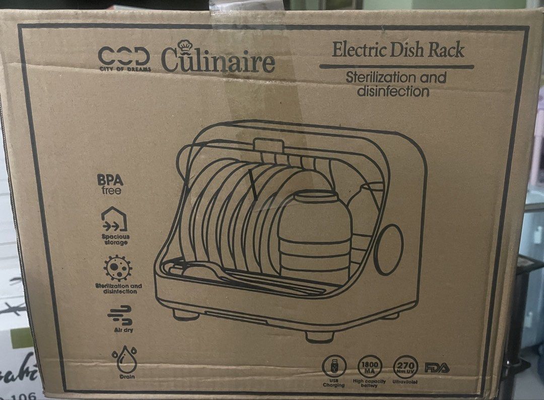 Culinaire Electric Dish Rack Sterilization (Category: Other Kitchenware & Tableware) located in Manila. Submitted by pasaybestfinds (Listing ID 1431491773, Image 1). Description: - Culinaire Electric Dish Rack for sterilized and dry dishes. - Sterilization and disinfection using 270nm UV. - Spacious storage with air dry function and drain. - BPA-free and safe for your dishes. - High-capacity battery with USB charging for convenience..