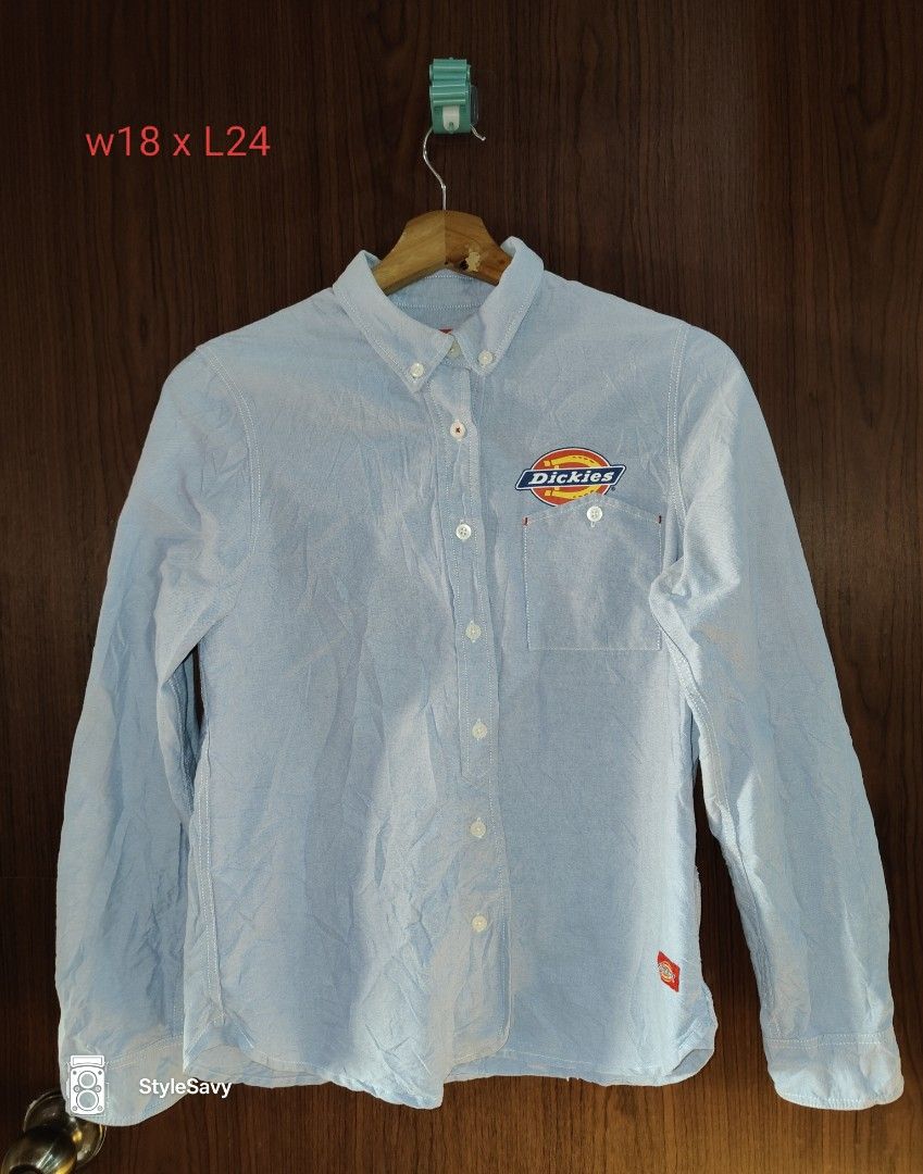 Dickies Button-Down Shirt (Category: Tshirts & Polo Shirts ) located in Kabankalan. Submitted by stylesavy (Listing ID 1431419931, Image 1). Description: - Light blue softdenim Dickies button-down polo LS - Size: Large on tag - Features Dickies logo on chest pocket - Small Dickies logo on sleeve - Button-down collar - Single chest pocket - Measurements: W18 x L24.