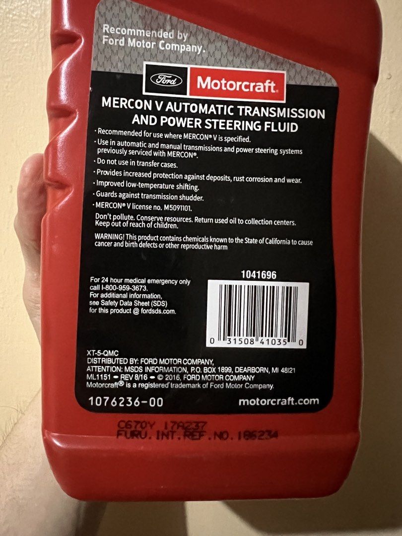 Ford Motocraft Mercon V ATF 9pcs (Category: Maintenance Fluids and Filters) located in Las Pinas. Submitted by boogieman13 (Listing ID 1431527883, Image 3). Description: 9pcs (selling as package only) Brand new and sealed 1 quart (946ml) each Shipping via lalamove, shouldered by buyer 2500php for all 9pcs (fixed price) .
