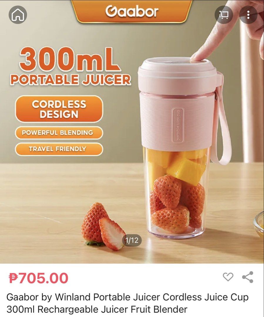 Gaabor Portable Juicer GF-M03D (Category: Juicers, Blenders & Grinders) located in Quezon City. Submitted by kryshnanzyanna (Listing ID 1431533697, Image 3). Description: - Gaabor Portable Juicer - Color: Pink and White - Capacity: 300ml - Cordless design for easy use - Travel-friendly - Includes charging cable - Ideal for making fresh fruit juices ***damaged box.
