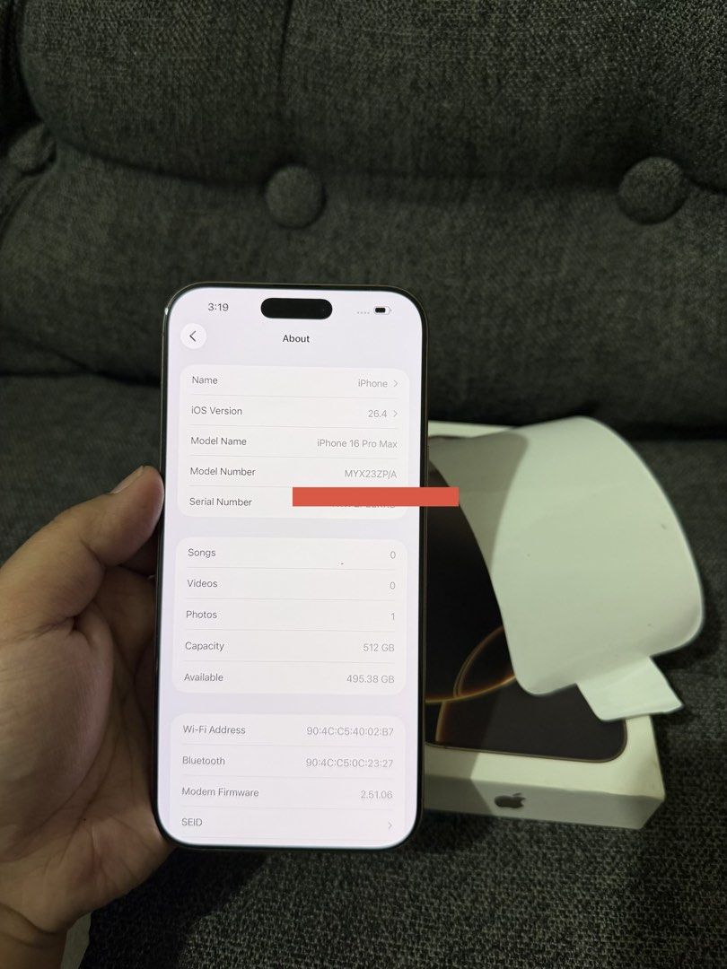 Iphone 16 Pro Max 512gb NTC Openline 2ndhand (Category: iPhone 16 Series) located in Quezon City. Submitted by legitgadgetforless (Listing ID 1431470219, Image 3). Description: Iphone 16 Pro Max 512gb in Desert Titanium color. In pristine condition, 10/10 Smoothness and in complete inclusion. No issue no hidden issue! 91% batt health. Inclusions: *Original Box (same serial num) *original cable (unused) *manuals ⭕️⭕️MOP : Bank transfer or Cash RES