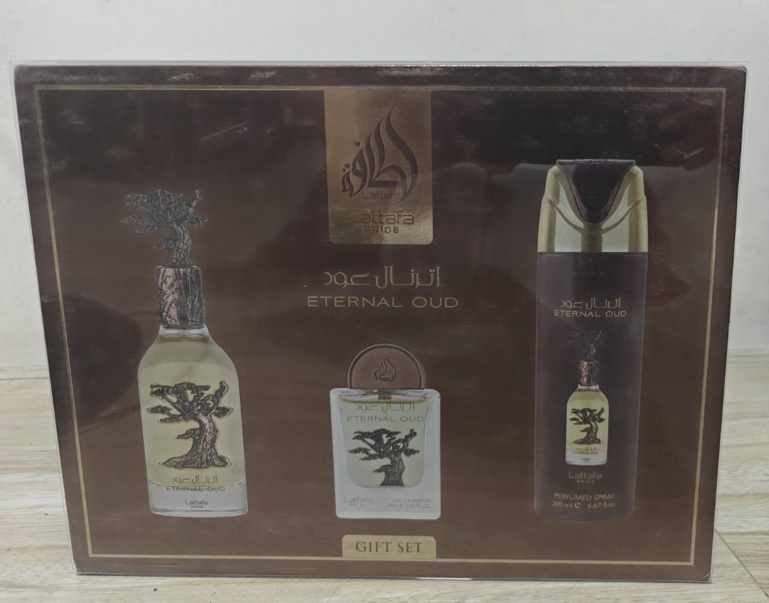 Lattafa Eternal Oud Gift Set (Category: Fragrance & Deodorants) located in Manila. Submitted by declator81 (Listing ID 1431401007, Image 1). Description: - Lattafa Eternal Oud Gift Set - Includes: - 100ml Eau de Parfum - 20ml Eau de Parfum - 200ml Perfumed Spray - small sprayer - bodyspray price slight negotiable - small dents on box due mismanaged of delivery.