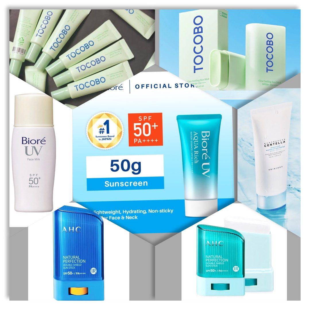 Legit SUNSCREENS (Category: Face Care) located in Manila. Submitted by bxpshop05 (Listing ID 1431468709, Image 1). Description: Brand new legit sunscreen Skin1004 ₱450 Ahc green 14g ₱ 450 Ahc blue 22g ₱600 Biore aqua rich ₱450 Biore face milk ₱450 Tocobo sunstick ₱780 Tocobo sun serum 10mg mini ₱250.