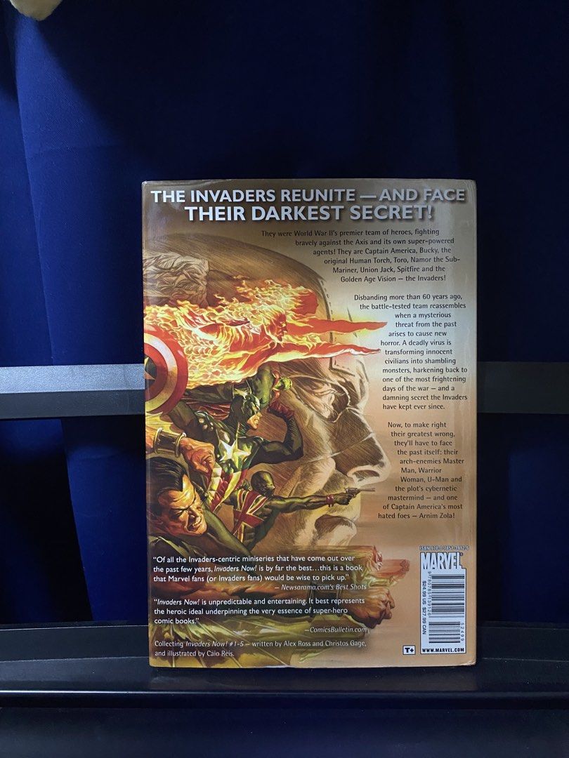 Marvel Invaders Now! Hardbound (Category: Comics & Manga) located in Makati City. Submitted by billikensan (Listing ID 1431557255, Image 2). Description: - Marvel Invaders Now! - Christos Gage, Alex Ross, Caio Reis - Features Captain America, Namor, Bucky Cap, Human Torch, etc. - Good condition, paper sleeve has some scratches.
