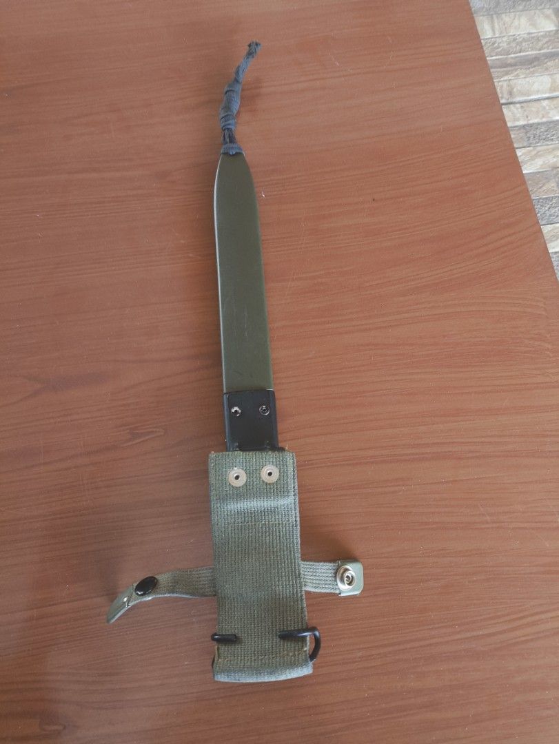 Military Bayonet with Scabbard (Category: Knives & Chopping Boards) located in Manila. Submitted by fpawn (Listing ID 1431383769, Image 3). Description: CETME model L Spanish bayonet -CETME( Centro de Estudios Tecnicos de Materiales Especiales) is the Spanish design center for specialized materials and firearms -the blade profile features a SINGLE cutting edge with a LONG FALSE edge at the tip -the handle features an olive green plastic grip with