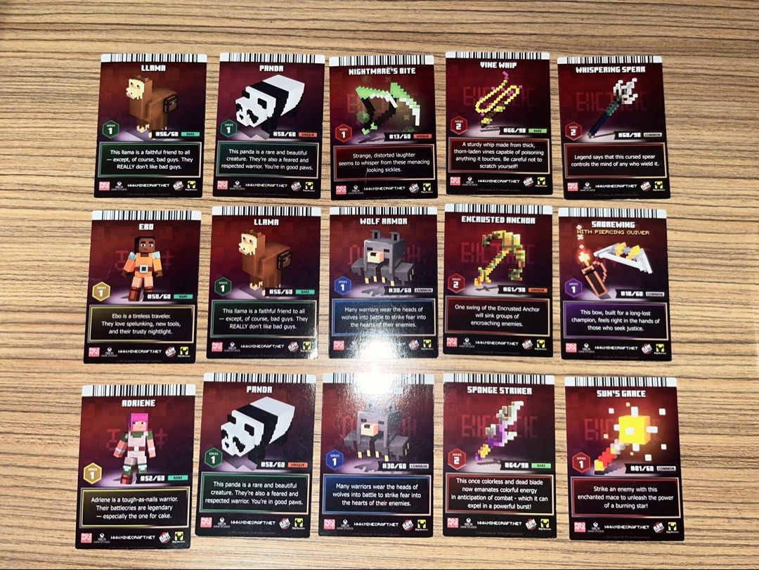 Minecraft Dungeon Cards (25 each) (Category: Raw Singles) located in Manila. Submitted by shzo2 (Listing ID 1431530638, Image 2). Description: minecraft dungeon cards all are in good condition except ebo card, ebo card has a noticeable bend in the middle sponge striker and one of the panda cards is holographic if buying all, buyer can offer for 250 payment first, buyer shoulders shipping mop: gcash, maya mod: j&t (can also do meetup at moa) feel 