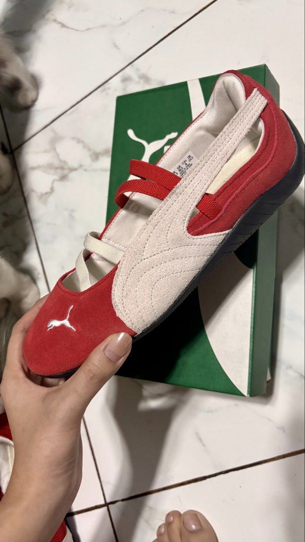 Puma Speedcat Ballet (Red) (Category: Sneakers) located in Bulacan. Submitted by prelovedbyjoana (Listing ID 1431540627, Image 3). Description: - Puma Speedcat Ballet - Color: Red and White - Style: Ballet flat with strap - Includes original box - Size: - UK 5.5 - EUR 38.5 - US 8 RFS: wrong size, only used once Authentic. Bought December 2025 sa Foot Locker SF to be shouldered by buyer.
