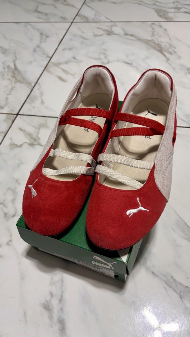 Puma Speedcat Ballet (Red) (Category: Sneakers) located in Bulacan. Submitted by prelovedbyjoana (Listing ID 1431540627, Image 2). Description: - Puma Speedcat Ballet - Color: Red and White - Style: Ballet flat with strap - Includes original box - Size: - UK 5.5 - EUR 38.5 - US 8 RFS: wrong size, only used once Authentic. Bought December 2025 sa Foot Locker SF to be shouldered by buyer.