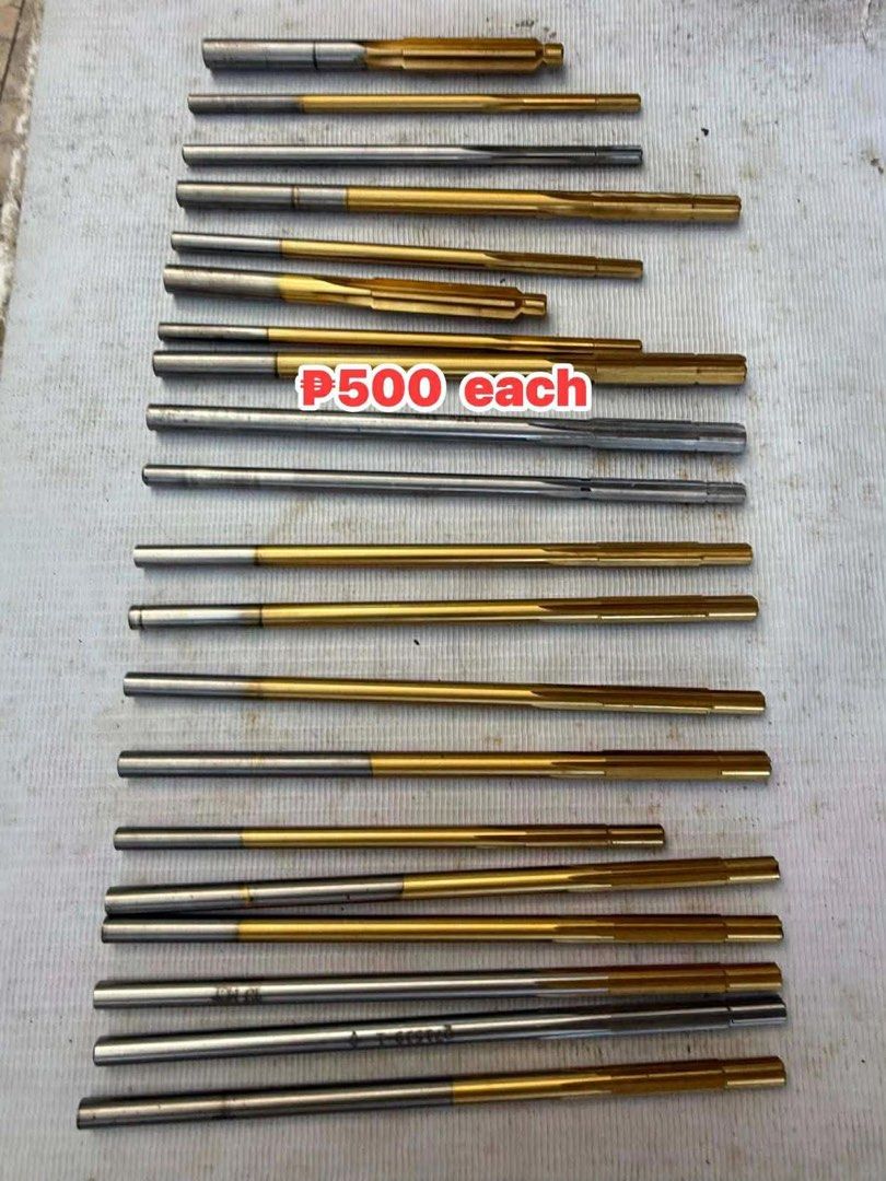 Reamers! Made in USA-P500 each (Category: Industrial Equipment) located in Imus. Submitted by silentfire-353921 (Listing ID 1431410395, Image 1). Description: Set of reamers available. Each reamer is priced at P500. The reamers have a silver and gold color scheme. Perfect for various metalworking projects. Please inquire for more details..