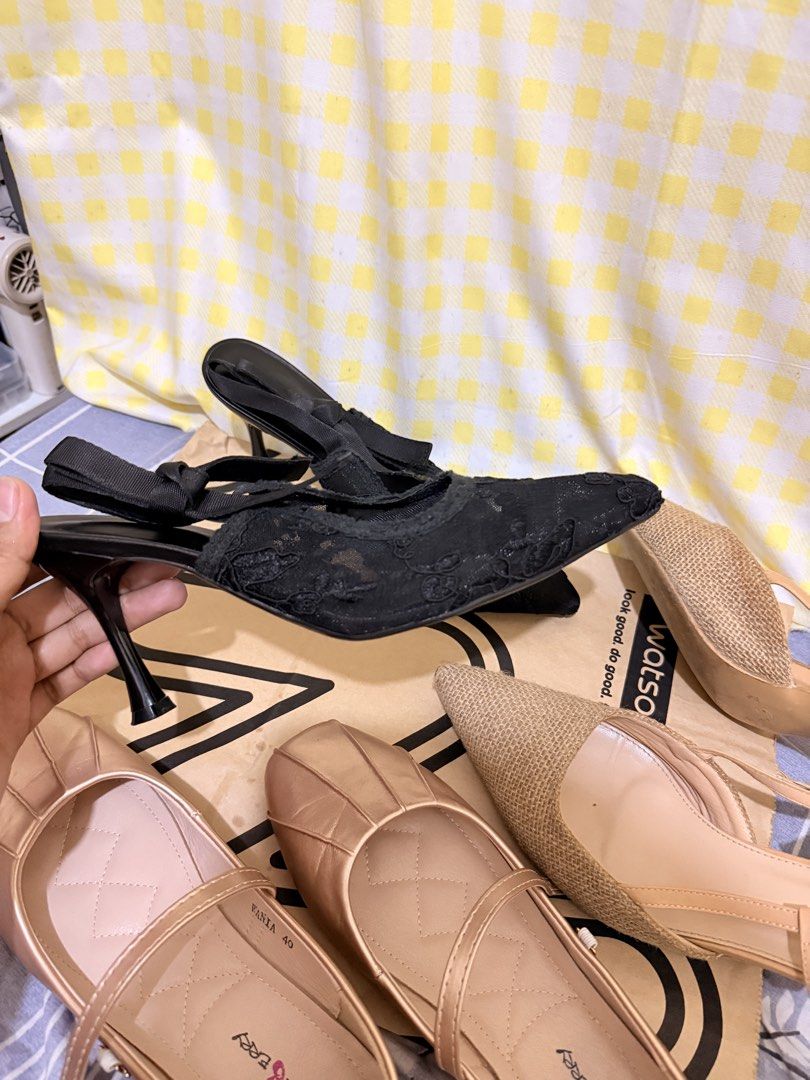 Shein & Pinkberry Heels and Flats (Category: Heels) located in San Fernando. Submitted by clean.up.project (Listing ID 1431433681, Image 3). Description: - Black Lace Heels: - Brand: Shein - Size: 40 (25.51cm) - Beige Heels: - Brand: Shein - Size: 42 (27cm) - Pink Flats: - Brand: Pinkberry - Size: 40 - Note: Buckle issue ‼️PAYMENT FIRST VIA SEABANK/BDO ONLY‼️ 🚚SHIPPING VIA JNT ON WEEKEENDS/LBC ON WEEKDAYS🚚 💰BUYER WILL SHOULDER THE SF💰 PLEASE 