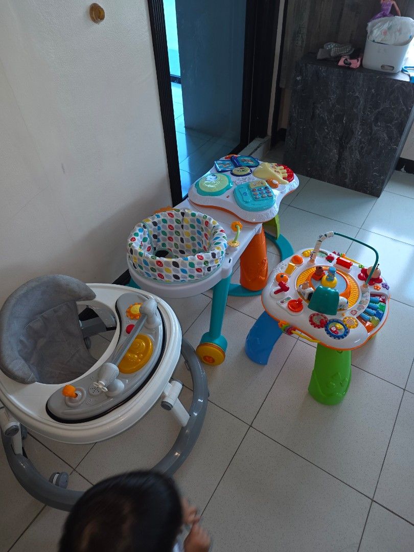 TAKE ALL Walker/360 rotate Activity Table (Category: Infant Playtime) located in San Juan City. Submitted by greega19 (Listing ID 1431480112, Image 1). Description: - 3-in-1 design: Activity gym, walker, and play center - Rotating play area with colorful, interactive toys ps: the train activity table sira yung battery storage kinalawang yung metal, nakakabili namn sa orange app if want ayusin, nasa 30 pphp - Comfortable seat for baby - Handle for