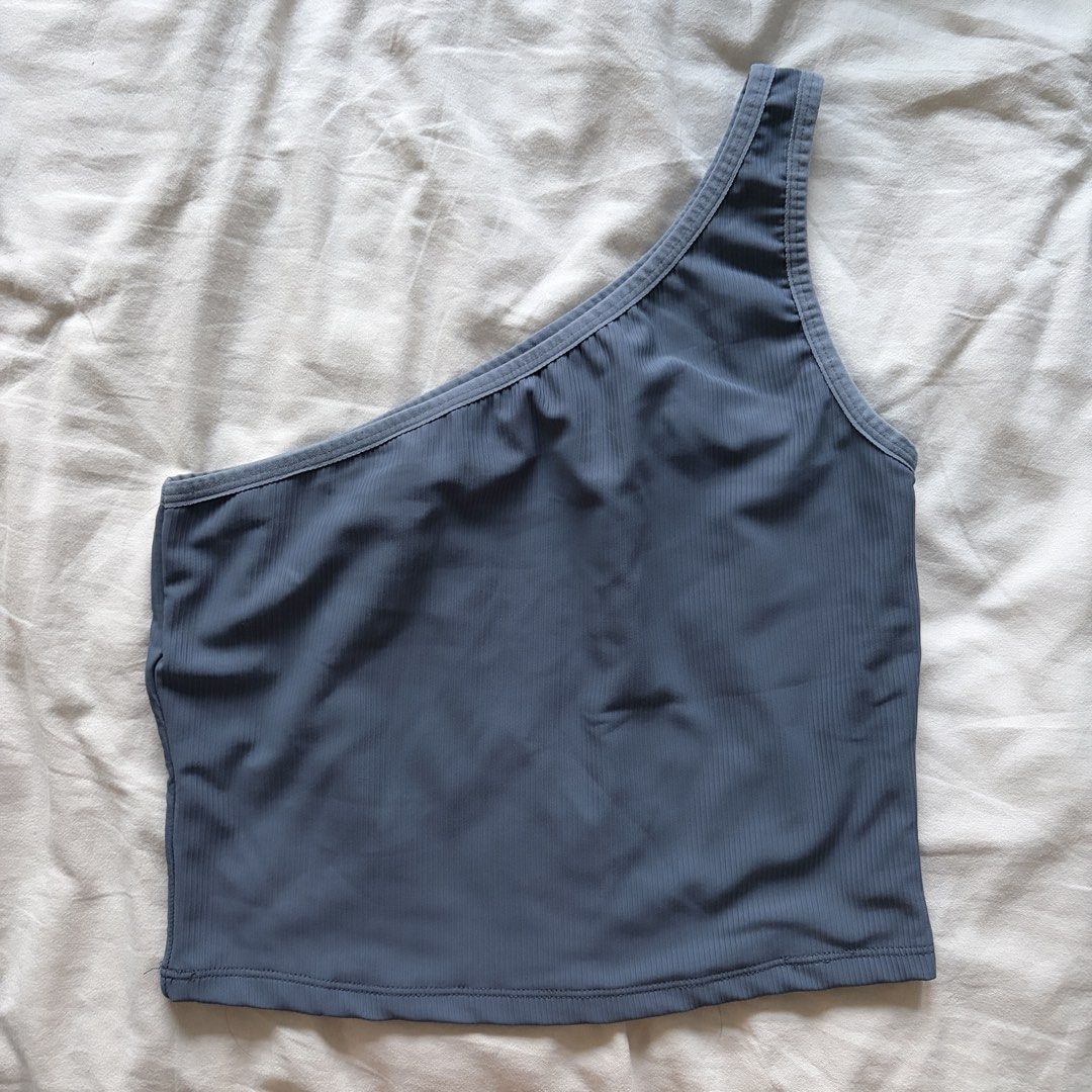 Tapies One Shoulder Top - Medium (Category: Sleeveless) located in Quezon City. Submitted by quackstack (Listing ID 1431484316, Image 2). Description: - Tapies one-shoulder top - Blue - Medium - Ribbed texture.