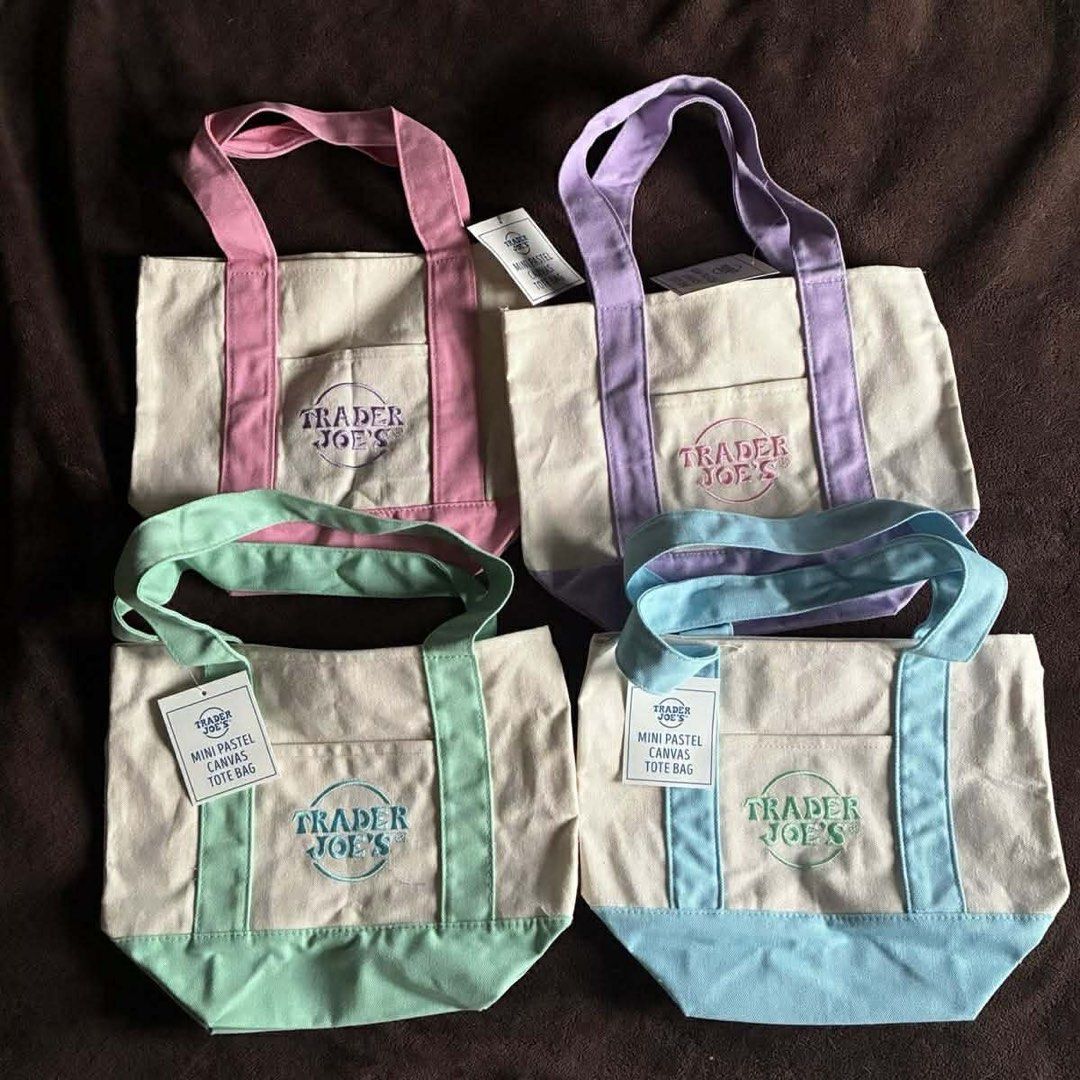 Trader Joe's Mini Pastel Canvas Tote Bag (Category: Tote Bags) located in Malasiqui. Submitted by Ellllee (Listing ID 1431407929, Image 2). Description: Original from US Available in PASTEL BLUE, PURPLE AND GREEN 13x11x6.