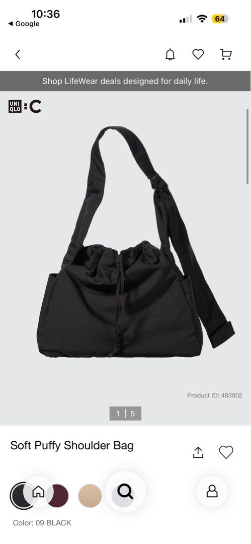 Uniqlo C Soft Puffy Shoulder Bag - Black (Category: Shoulder Bags) located in Pasig City. Submitted by karurosu (Listing ID 1431529300, Image 1). Description: - Uniqlo C Shoulder Bag - Color: Black (09 BLACK) - Soft, puffy design - Drawstring closure - Shoulder strap included - Convenient side pockets - bought for 1,490 last yr, used only for one sem.