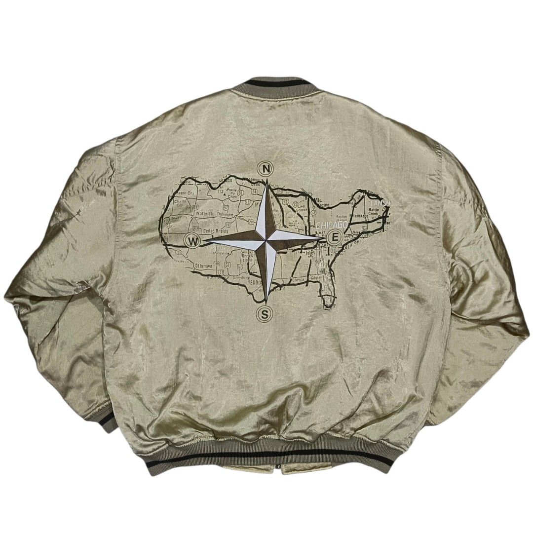 Vintage Um Press Bomber Jacket (Category: Coats, Jackets and Outerwear) located in General Santos City (Dadiangas). Submitted by _jackeith (Listing ID 1431378668, Image 2). Description: - Vintage bomber jacket - Unique map graphic on back - "Freedom" print on sleeve - Zip-up front - Two front pockets - Ribbed cuffs and hem - Made in Korea - Quilted lining for warmth - Neutral color -Condition: No issue - Dimes: 25L 25W.