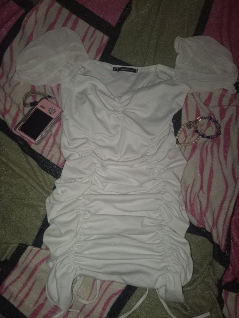 white ruched mini dress (Category: Dresses) located in San Mateo. Submitted by zelthrifts (Listing ID 1431401458, Image 2). Description: — good as new, no issues — flattering fit, perfect for dates/parties .