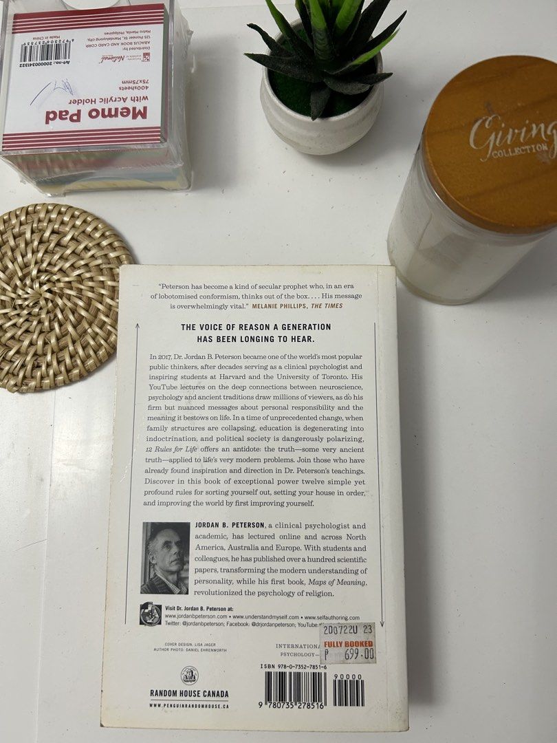 12 Rules for Life by Jordan B. Peterson (Category: Storybooks) located in Paranaque City. Submitted by cleverwind_103 (Listing ID 1431771392, Image 2). Description: - Title: 12 Rules for Life: An Antidote to Chaos - Author: Jordan B. Peterson - Edition: Paperback - Language: English - Features: Includes author biography on the back cover - Notes:pages normal wear and discolored. Book is lightly used and was just in the shelf. .