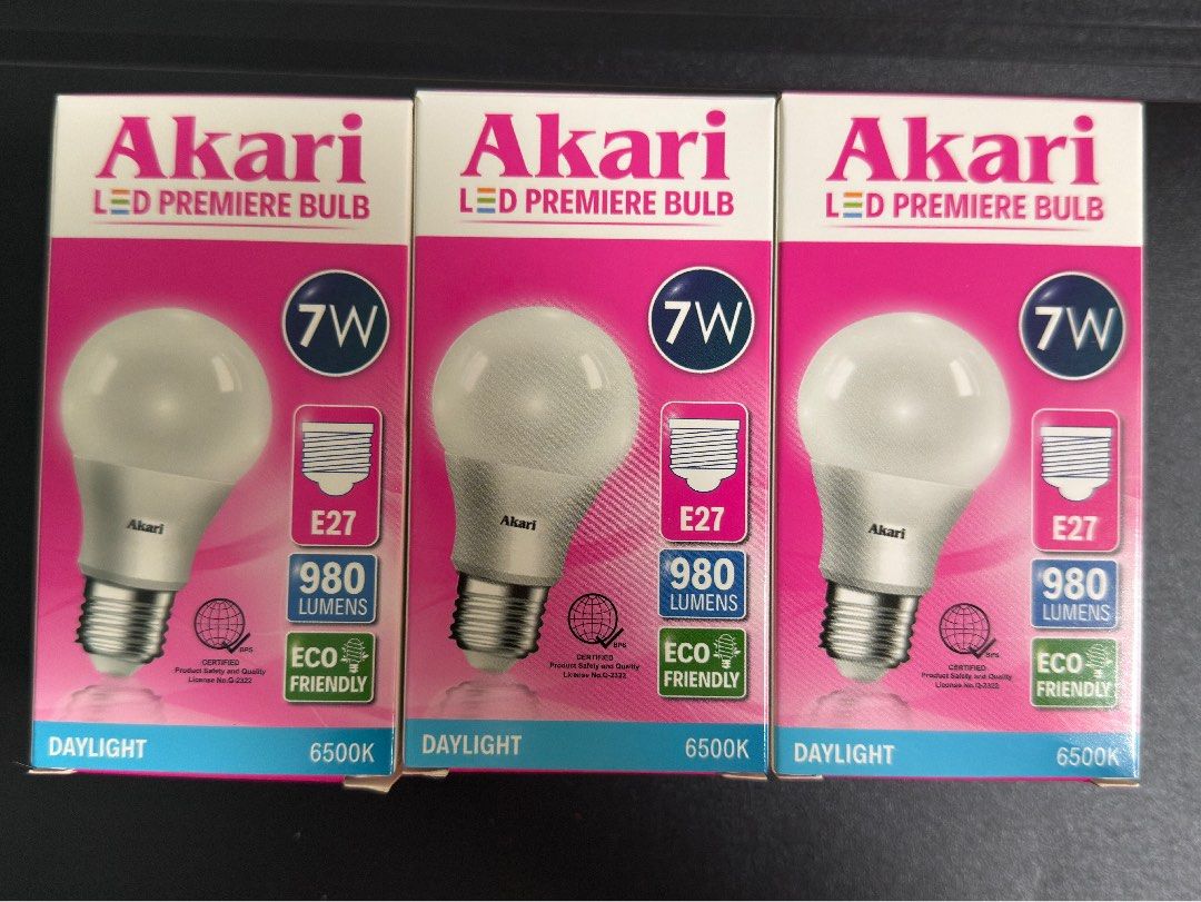 (3 PCS) Akari LED Premiere Bulb 7W E27 Daylight (Category: Lighting) located in Quezon City. Submitted by tiyadore (Listing ID 1431670080, Image 1). Description: Listing is for Akari LED Premiere Bulbs. Each bulb is 7W and provides 980 lumens of daylight (6500K) illumination. They have an E27 base and are eco-friendly. The bulbs are designed for 220V a.c. The energy label indicates an energy rating of 140. Php 260 price is for three pieces alread