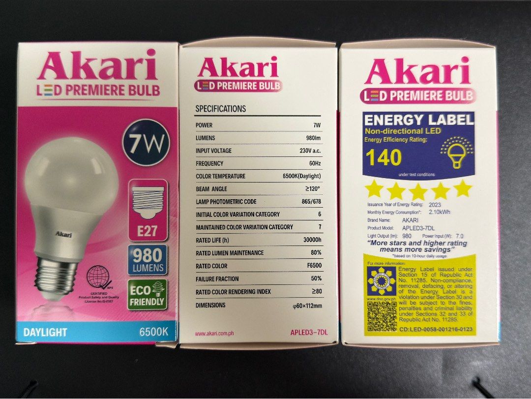 (3 PCS) Akari LED Premiere Bulb 7W E27 Daylight (Category: Lighting) located in Quezon City. Submitted by tiyadore (Listing ID 1431670080, Image 2). Description: Listing is for Akari LED Premiere Bulbs. Each bulb is 7W and provides 980 lumens of daylight (6500K) illumination. They have an E27 base and are eco-friendly. The bulbs are designed for 220V a.c. The energy label indicates an energy rating of 140. Php 260 price is for three pieces alread