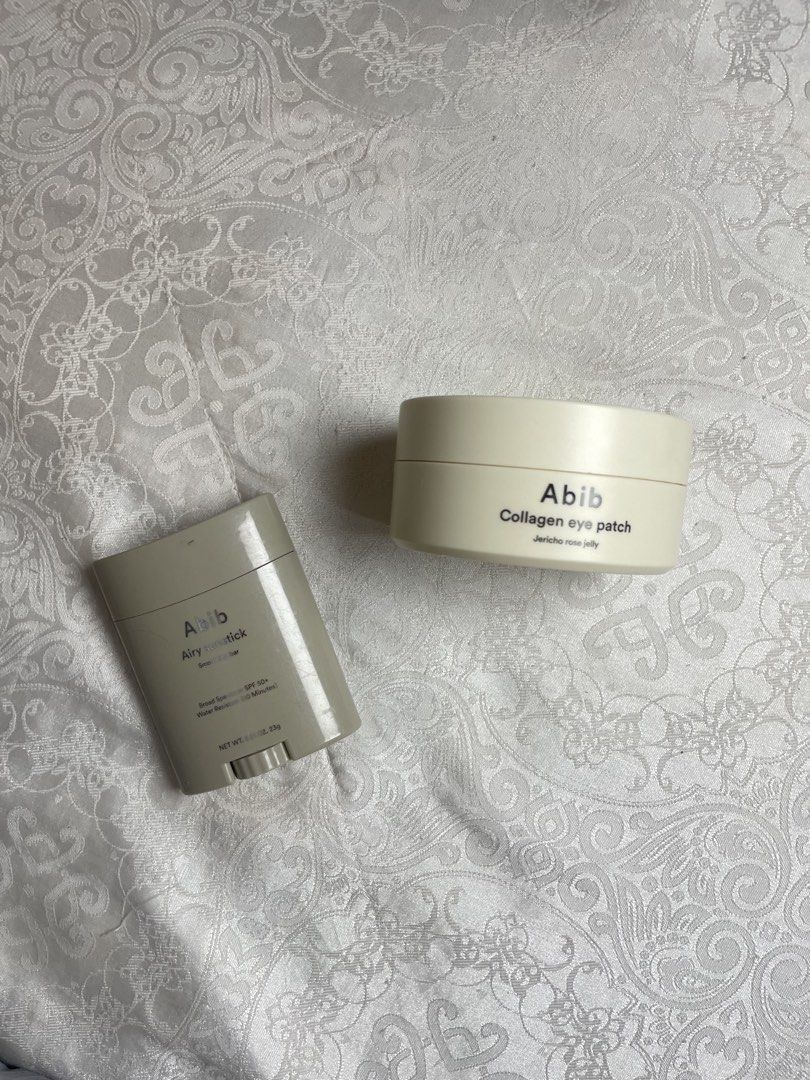 Abib Airy Sunstick & Collagen Eye Patch (Category: Face Care) located in Abucay. Submitted by declutterwyana (Listing ID 1431665851, Image 1). Description: - Abib Airy Sunstick SPF50+ (broad spectrum, water-resistant for 80 minutes) - Abib Collagen Eye Patch - Both products are brand new and in original packaging. - Expiration dates are clearly visible in the product photos..