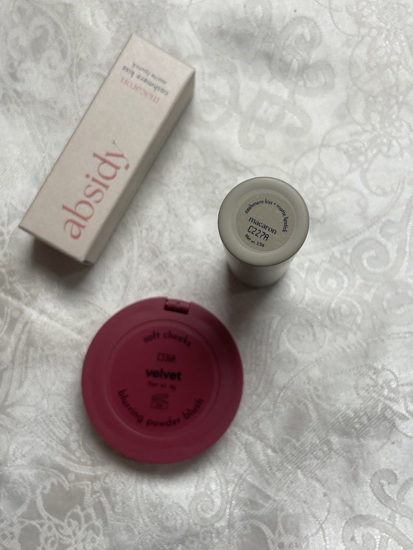 Absidy Macaron Lipstick & Soft Cheek Velvet Blush (Category: Makeup) located in Abucay. Submitted by declutterwyana (Listing ID 1431666786, Image 2). Description: - Absidy Macaron Cashmere Kiss Matte Lipstick (C227R) - Matte finish, brand new. - Soft Cheek Velvet Blurring Powder Blush - Deep pink shade, brand new. - Both items are in original packaging..