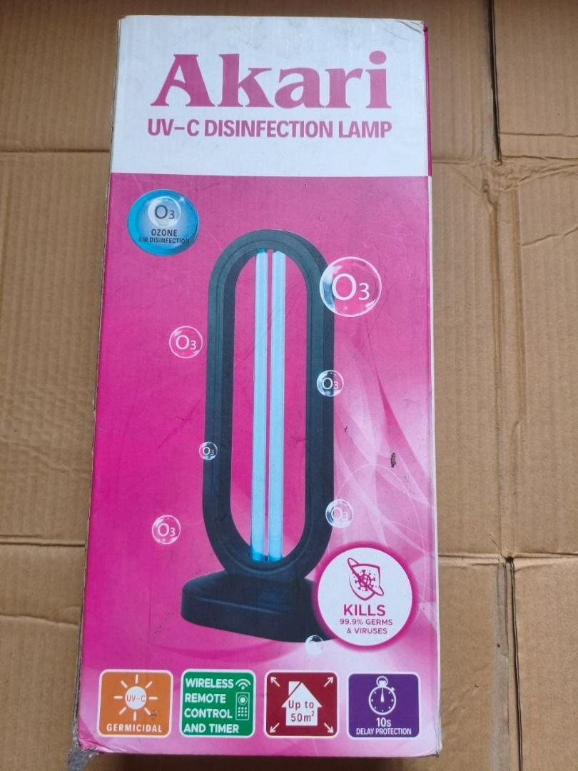 Akari UV-C Disinfection Lamp (Category: Lighting) located in Pasig City. Submitted by coolphoenix-29ac (Listing ID 1431719568, Image 1). Description: - Akari UV-C Disinfection Lamp - Kills 99.9% of germs and viruses - Wireless remote control - Timer settings: 15, 30, 60, and 90 minutes - 10-second delay protection - Coverage: Up to 50 square meters - Power: 38W - Input Voltage: 220-240Vac.