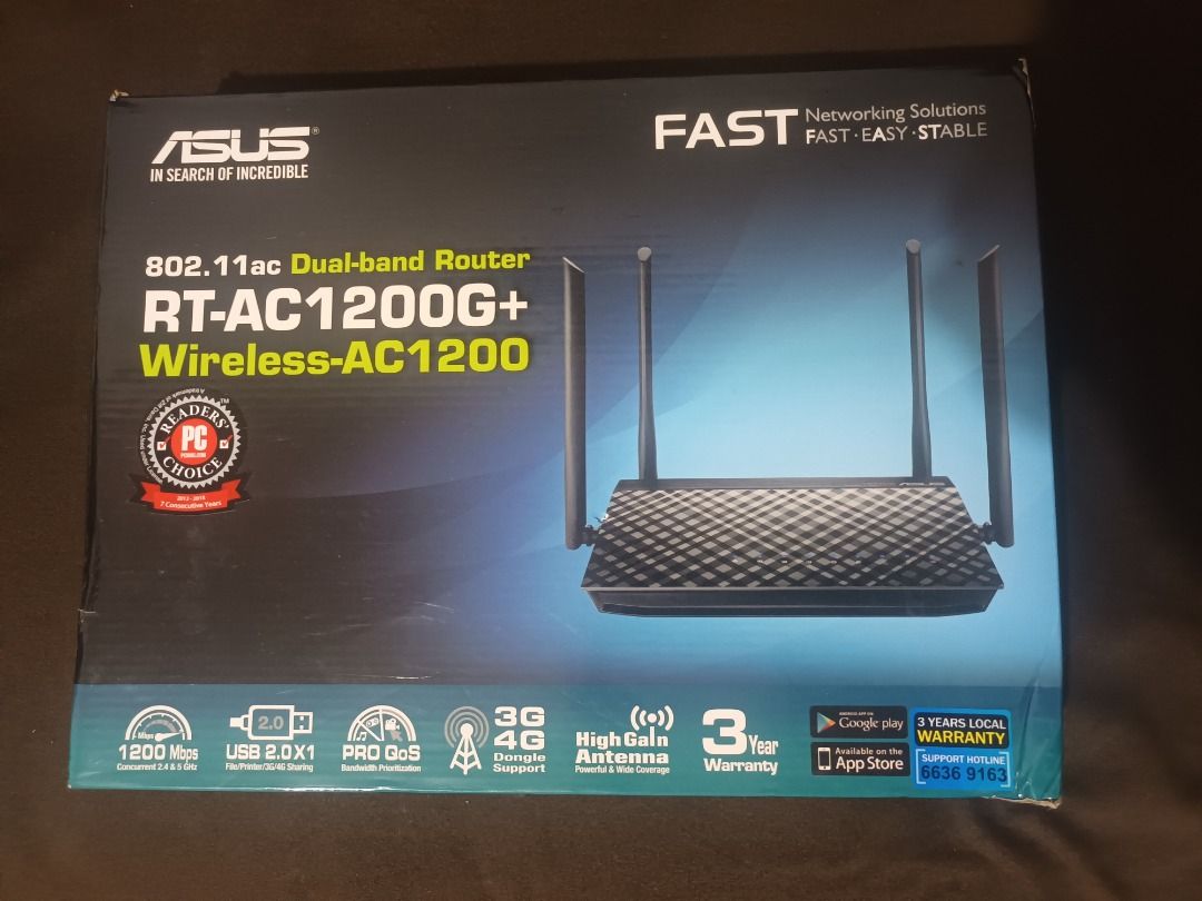 ASUS RT-AC1200G+ Wireless Router (Category: Networking) located in Manila. Submitted by ipstuff23 (Listing ID 1431682534, Image 1). Description: ASUS RT-AC1200G+ dual-band router. Features 802.11ac wireless technology. Includes high-gain antenna and supports 3G/4G dongle. It has a 3-year warranty. Offers USB 2.0 x1 and supports 1200 Mbps. Provides fast, easy, and stable networking solutions..